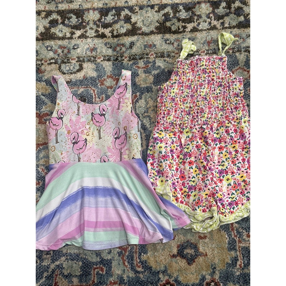 Dress and Romper Set Girls 2T Pink Multi Flamingo Floral EUC